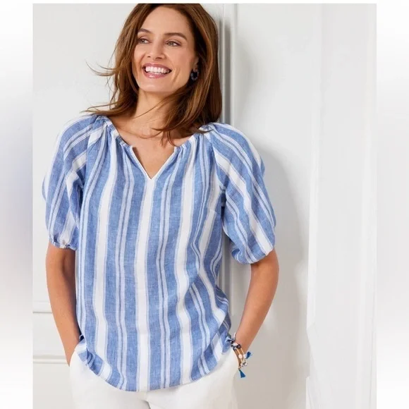 TALBOTS - LINEN POPOVER - DREAMY STRIPE - Medium Petite - Blue and White - Picture 3 of 4